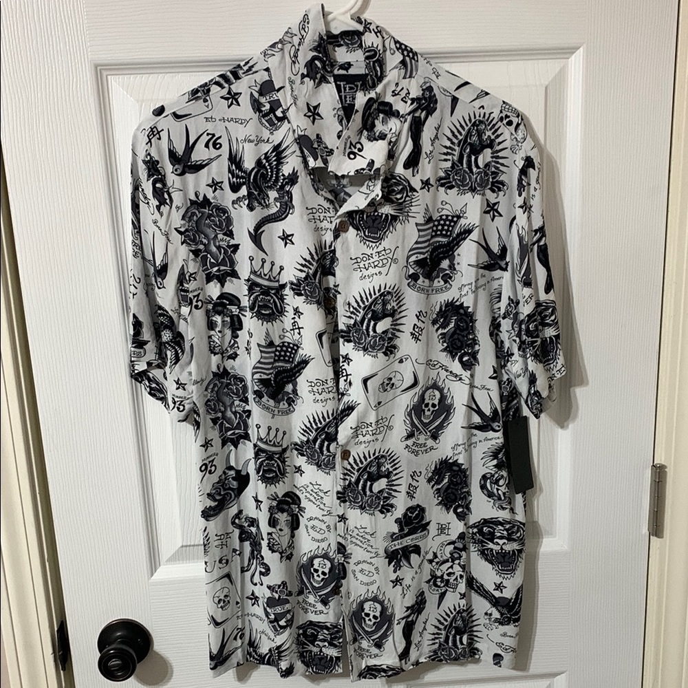 Ed Hardy Black and White Casual Button Down Shirt
